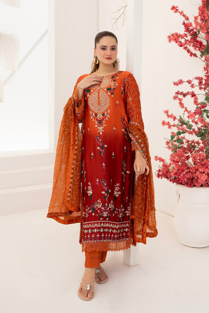 Shaanse Luxury Ombre Silk Ready to Wear Collection 2026 | Rust