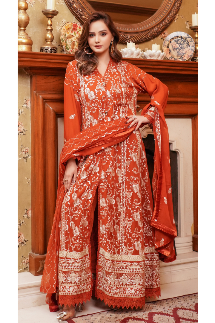 Aghanoor Afsanaay Chiffon Gown 3PCS Ready to Wear Collection | Rust