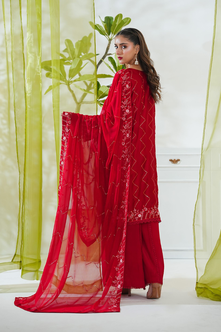 Shaanse Mehroo Cotton Silk 3PCS Ready to Wear Collection Jan-26 | Red - Mirha Fashion
