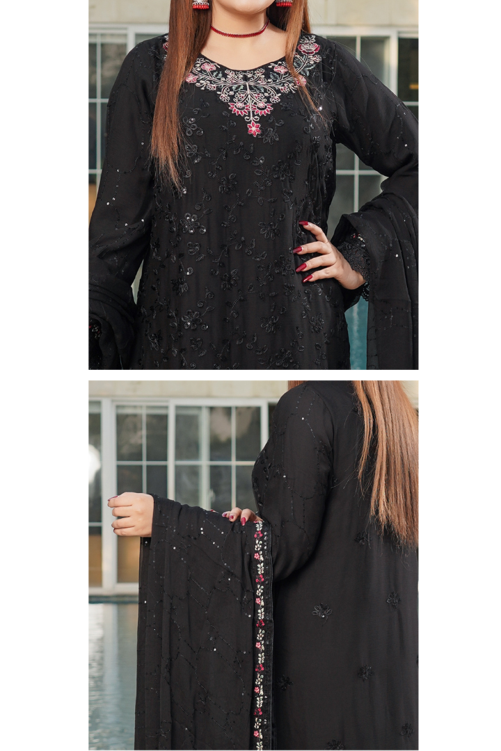 Aghanoor Dhaagakari Chiffon 3PCS Ready to Wear Collection | Black