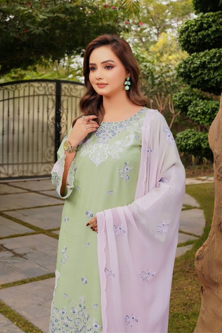 Shaanse Cyra Vol-2 Cotton Silk 3PCS Ready to Wear Collection Jan-26 | Light Green - Mirha Fashion