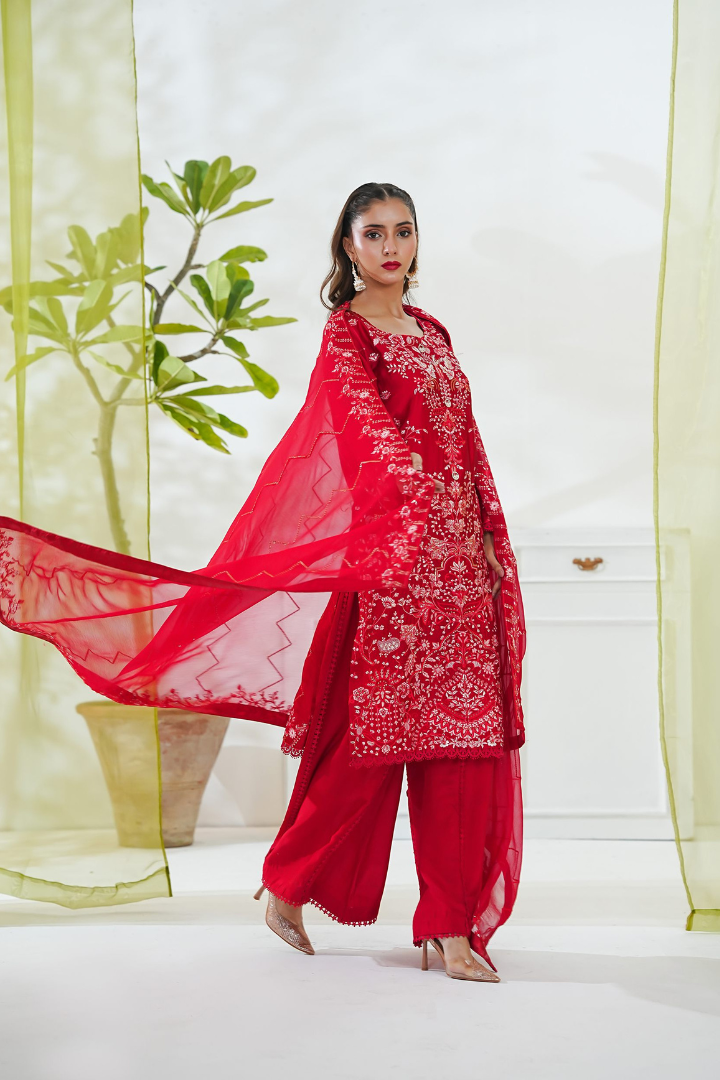 Shaanse Mehroo Cotton Silk 3PCS Ready to Wear Collection Jan-26 | Red - Mirha Fashion