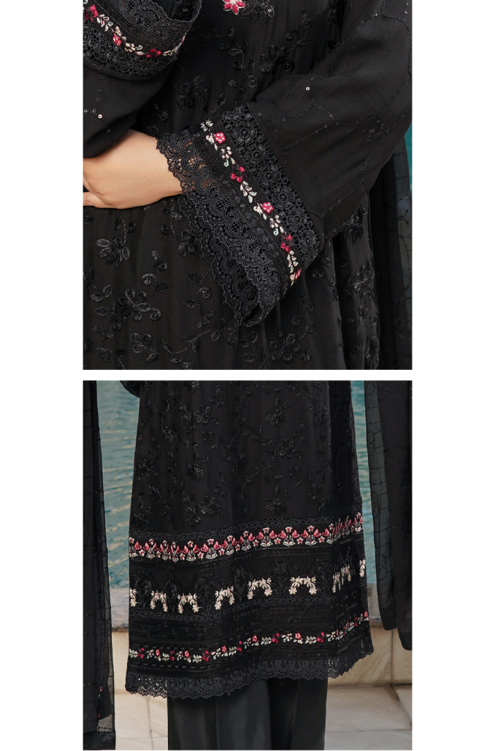 Aghanoor Dhaagakari Chiffon 3PCS Ready to Wear Collection | Black