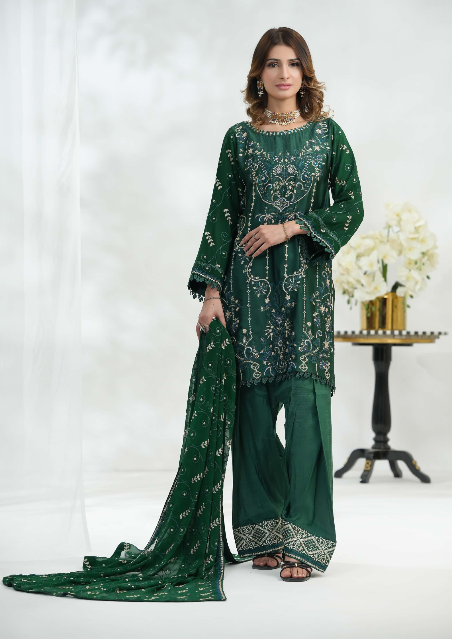 Shaanse Silk Embroidered 3PCS Ready-to-Wear Farshi Shalwar | Green - Mirha Fashion