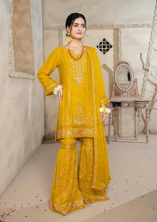 Agha Noor Chiffon Gharara Roshni Ready to Wear Collection 2025 D04 | Yellow - Mirha Fashion