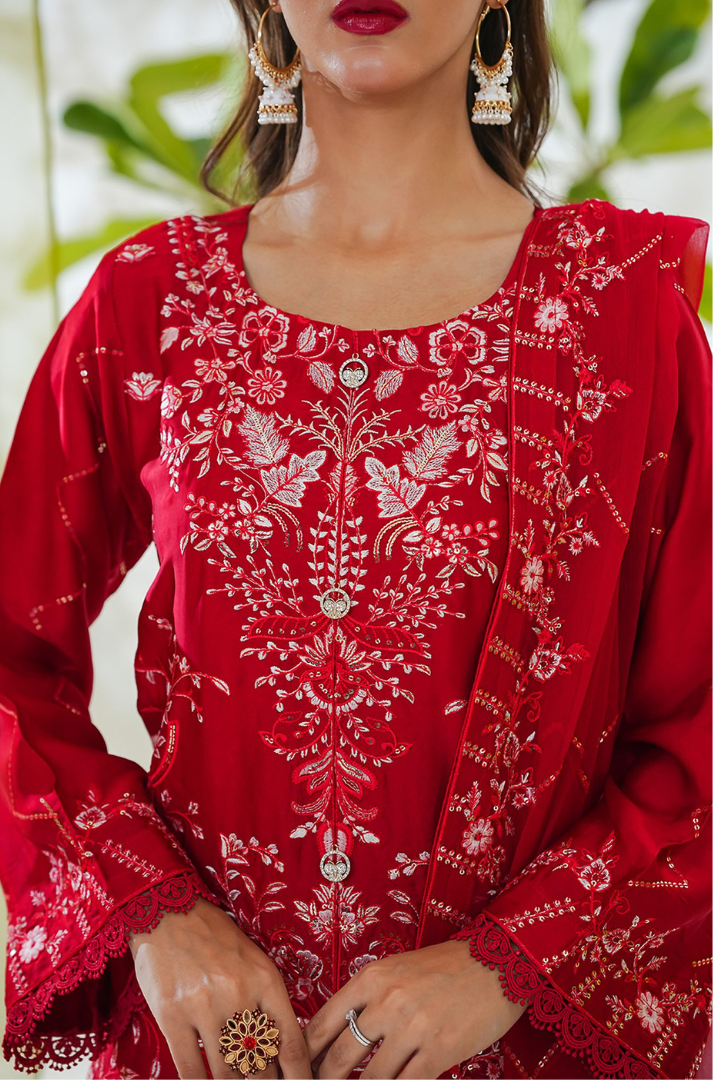 Shaanse Mehroo Cotton Silk 3PCS Ready to Wear Collection Jan-26 | Red - Mirha Fashion