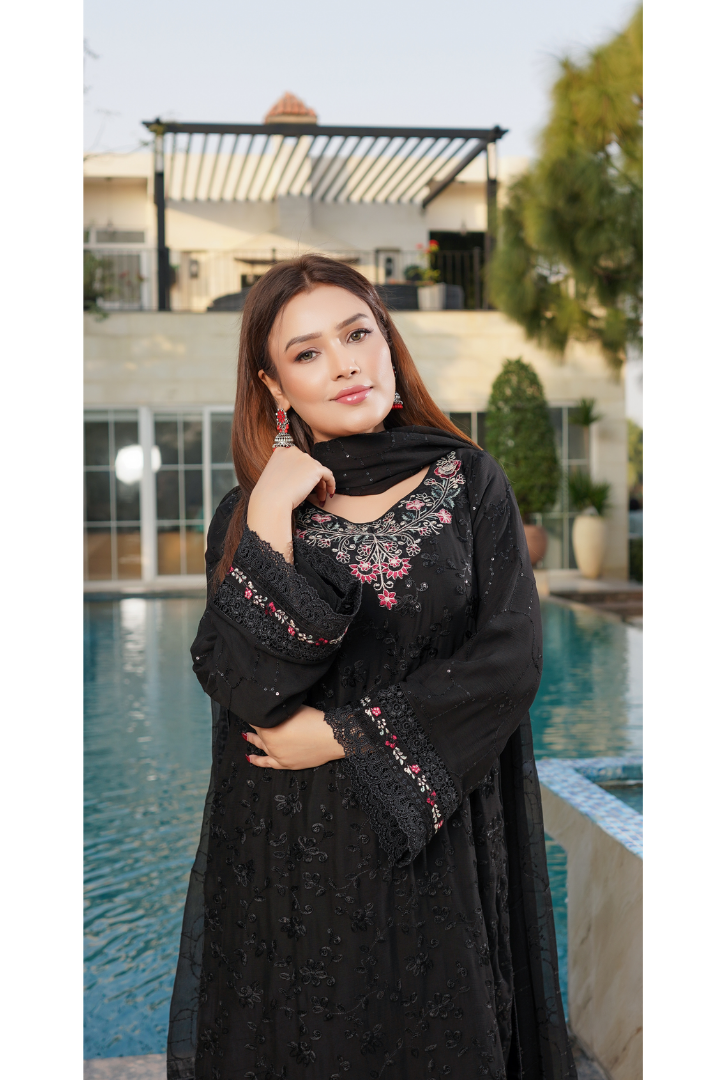 Aghanoor Dhaagakari Chiffon 3PCS Ready to Wear Collection | Black