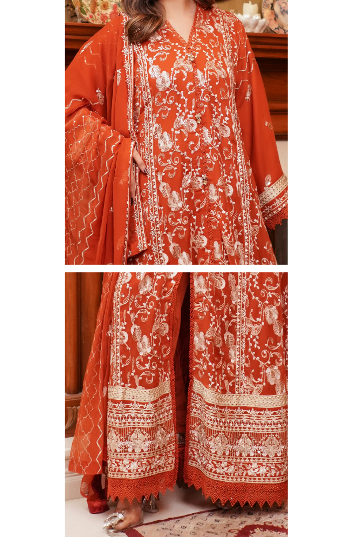 Aghanoor Afsanaay Chiffon Gown 3PCS Ready to Wear Collection | Rust