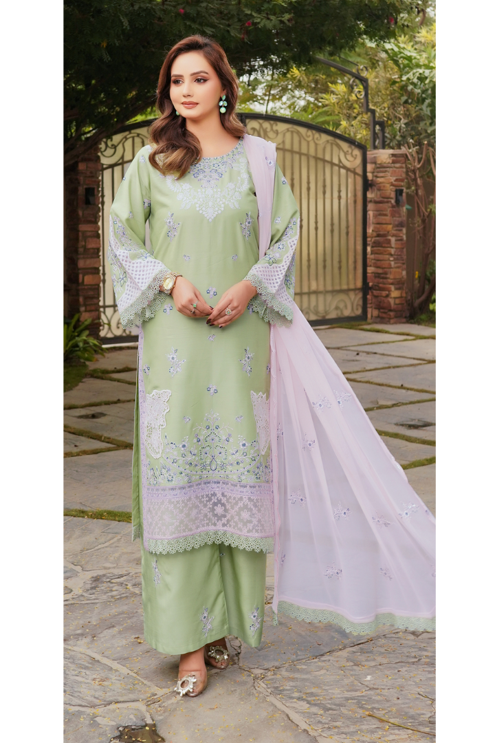 Shaanse Cyra Vol-2 Cotton Silk 3PCS Ready to Wear Collection Jan-26 | Light Green - Mirha Fashion