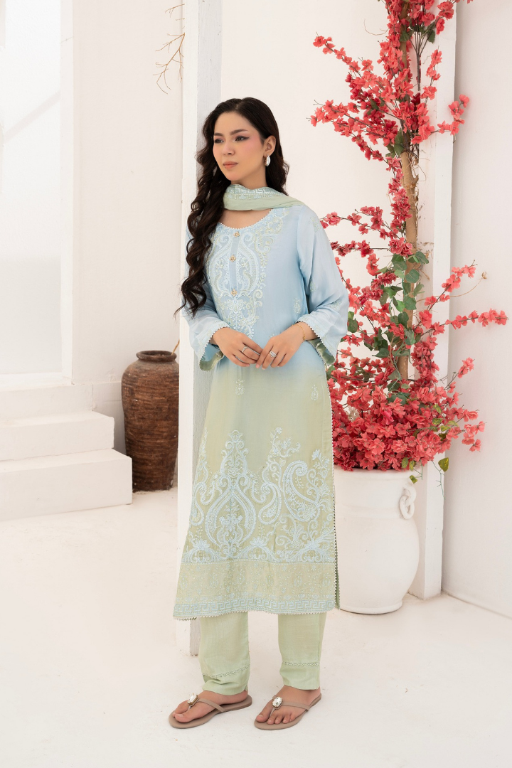 Shaanse Luxury Ombre Silk Ready to Wear Collection 2026 | Sky Blue Green
