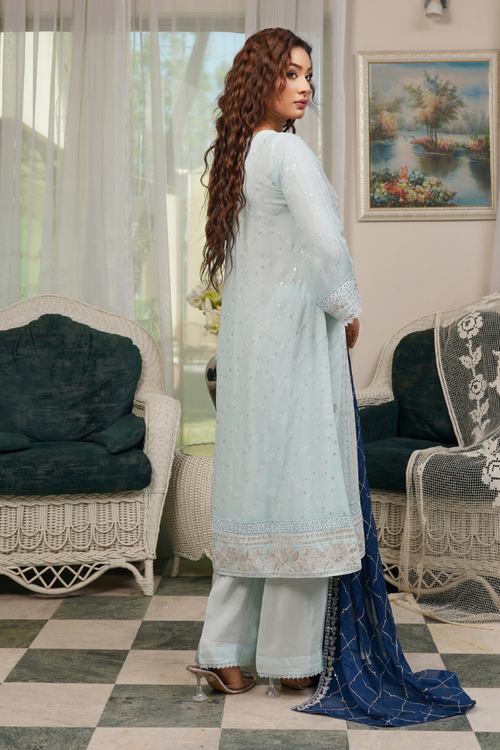 Agha Noor Qurbat Chiffon Handwork Ready to Wear Collection 2026 | Sky blue - Mirha Fashion
