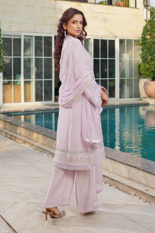Aghanoor Dhaagakari Chiffon 3PCS Ready to Wear Collection | Lavender - Mirha Fashion