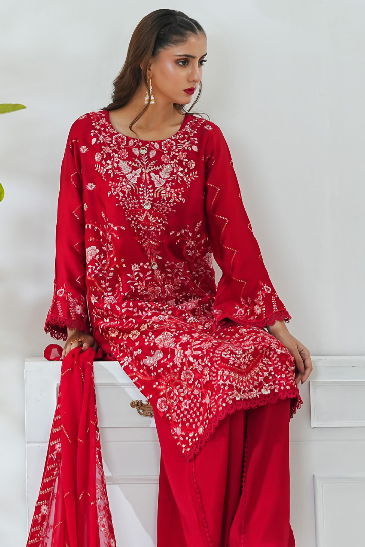 Shaanse Mehroo Cotton Silk 3PCS Ready to Wear Collection Jan-26 | Red - Mirha Fashion