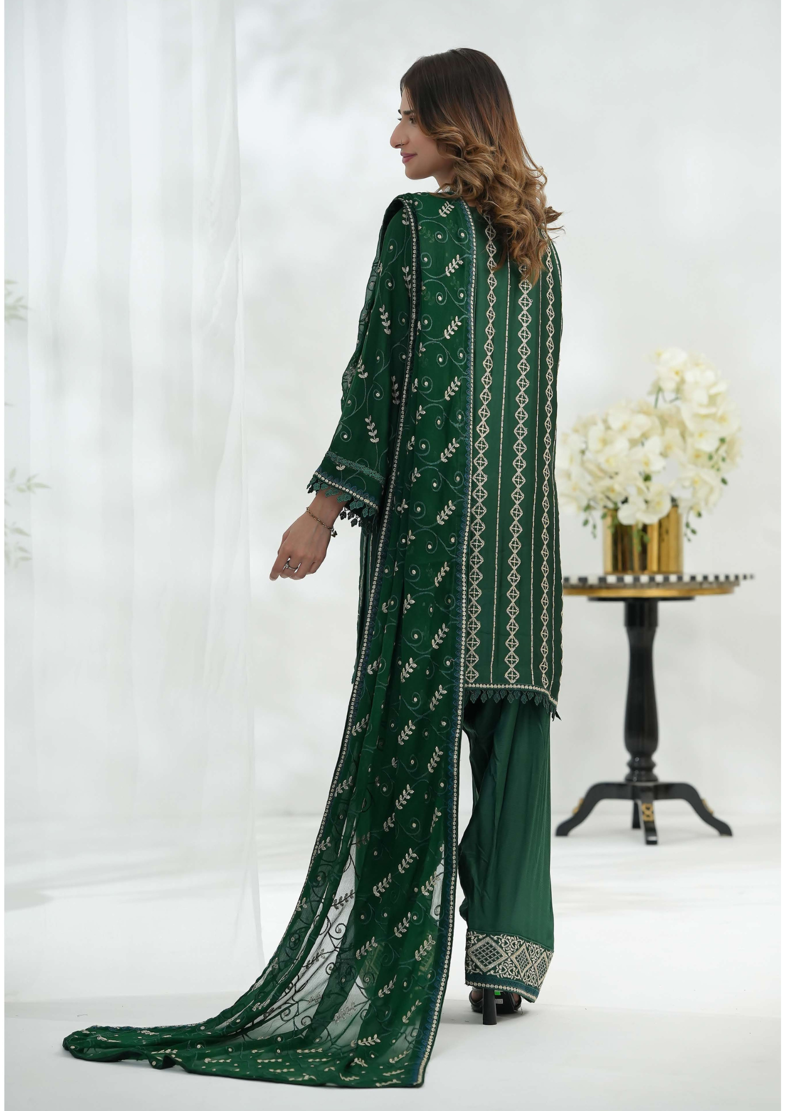 Shaanse Silk Embroidered 3PCS Ready-to-Wear Farshi Shalwar | Green - Mirha Fashion
