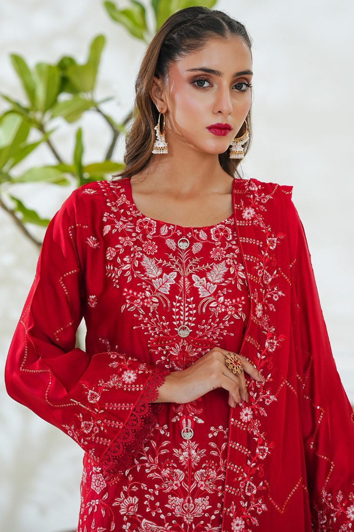 Shaanse Mehroo Cotton Silk 3PCS Ready to Wear Collection Jan-26 | Red - Mirha Fashion