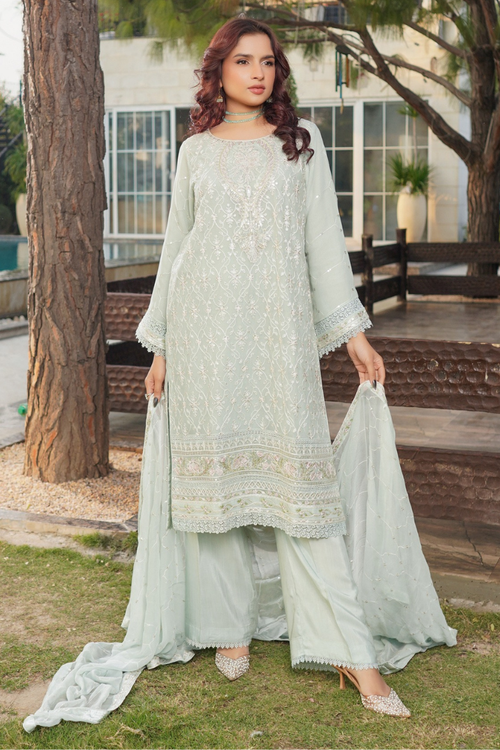 Aghanoor Dhaagakari Chiffon 3PCS Ready to Wear Collection | Aqua Green - Mirha Fashion