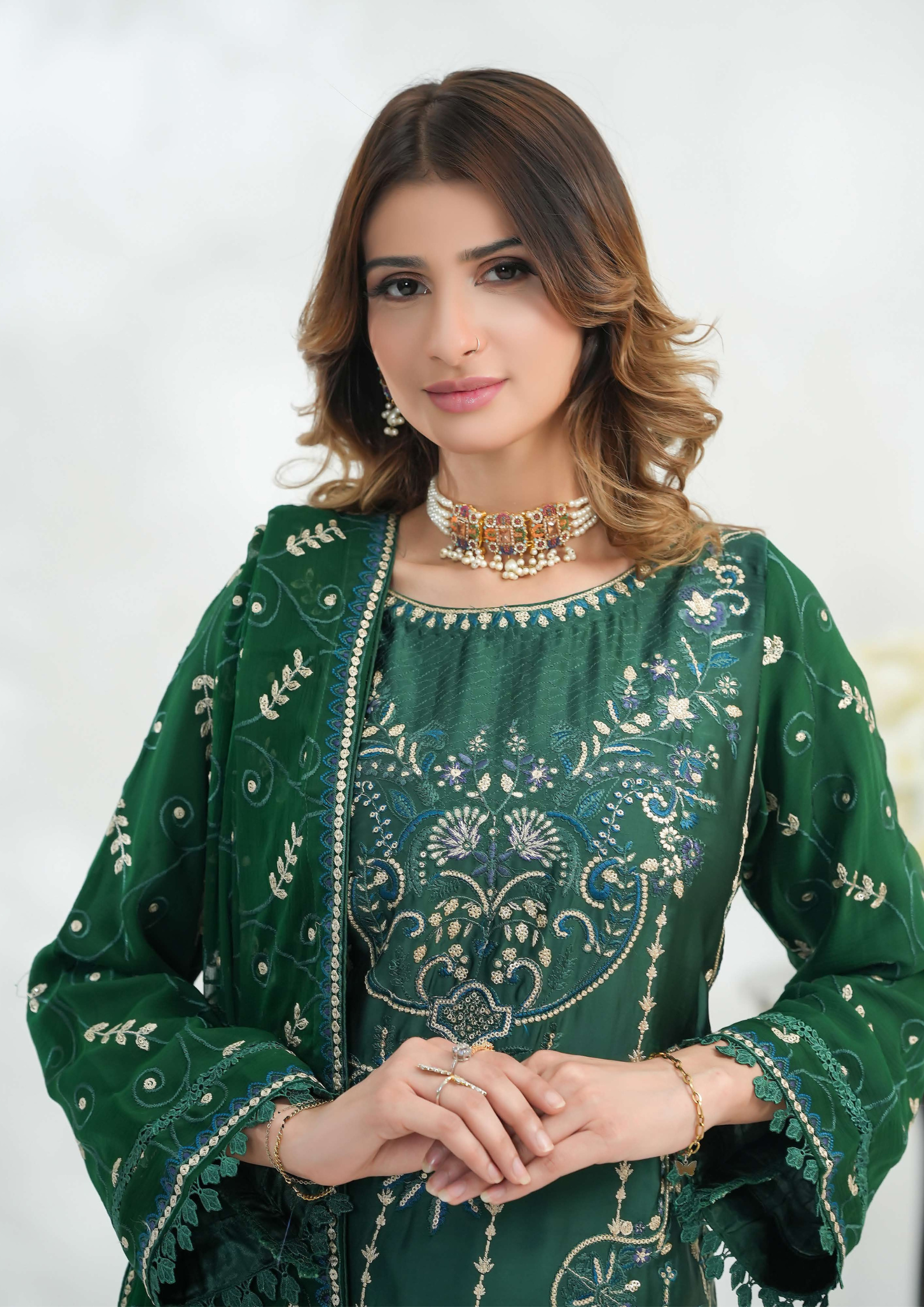 Shaanse Silk Embroidered 3PCS Ready-to-Wear Farshi Shalwar | Green - Mirha Fashion