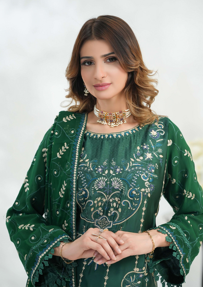 Shanse Silk Embroidered 3PCS Ready-to-Wear Farshi Shalwar | Green