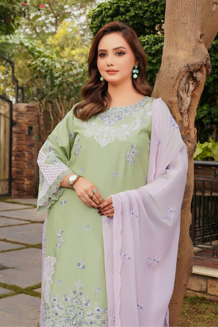 Shaanse Cyra Vol-2 Cotton Silk 3PCS Ready to Wear Collection Jan-26 | Light Green - Mirha Fashion