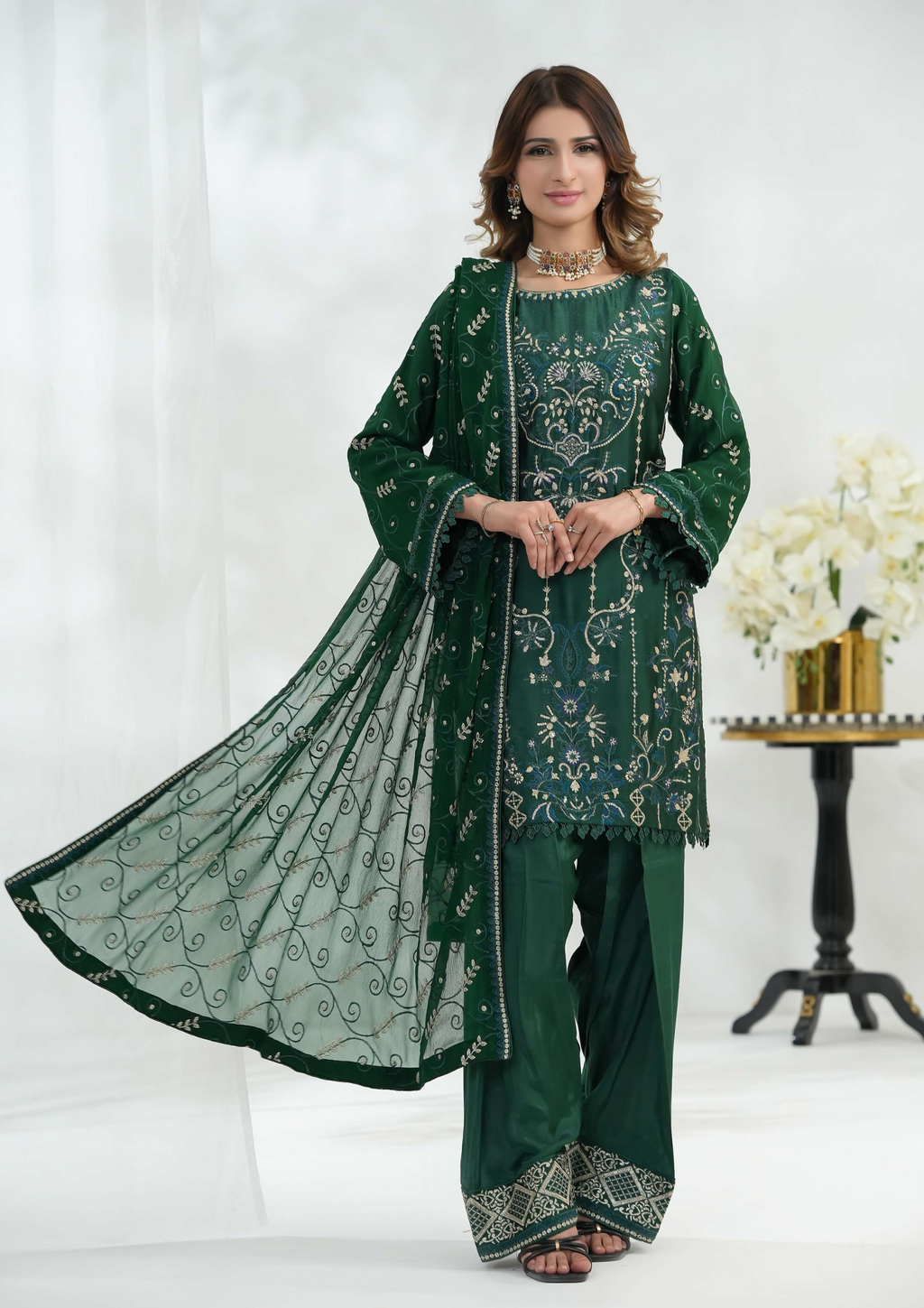 Shaanse Silk Embroidered 3PCS Ready-to-Wear Farshi Shalwar | Green - Mirha Fashion