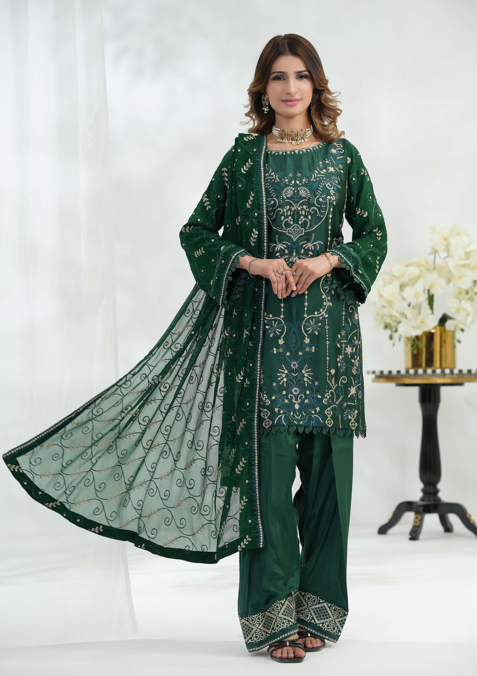 Shaanse Silk Embroidered 3PCS Ready-to-Wear Farshi Shalwar | Green - Mirha Fashion