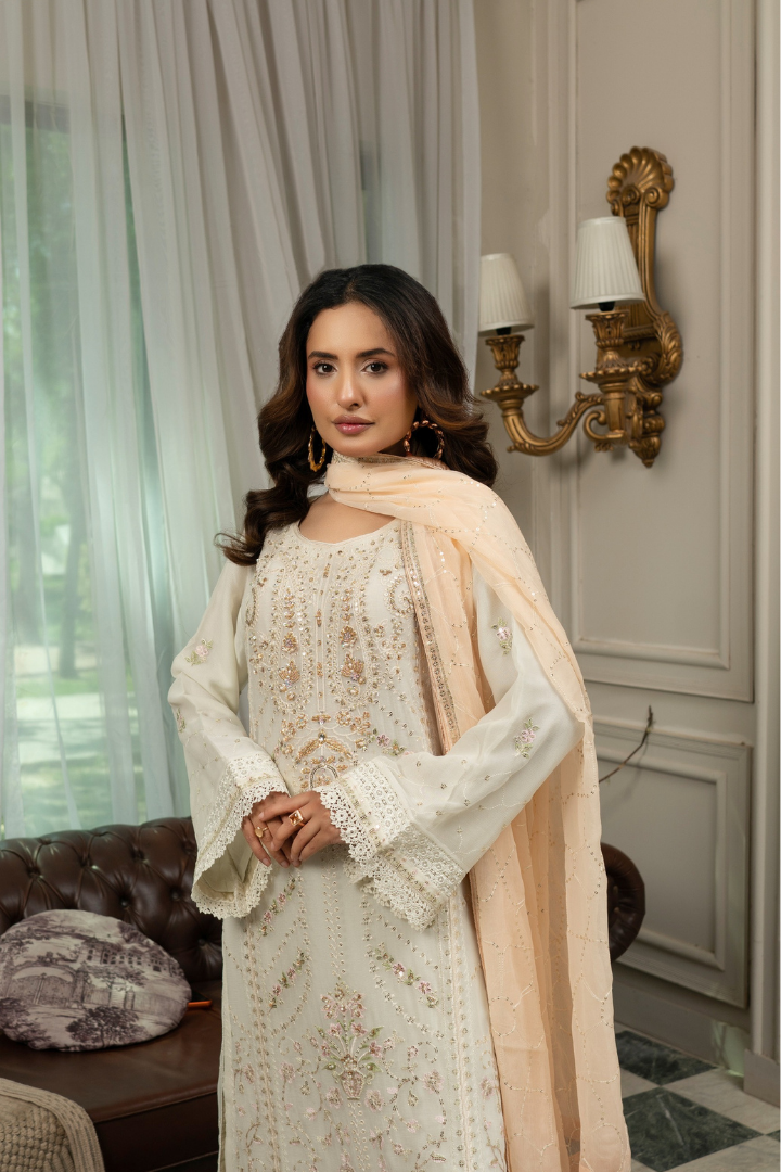 Agha Noor Qurbat Chiffon Handwork Ready to Wear Collection 2026 | Off White - Mirha Fashion