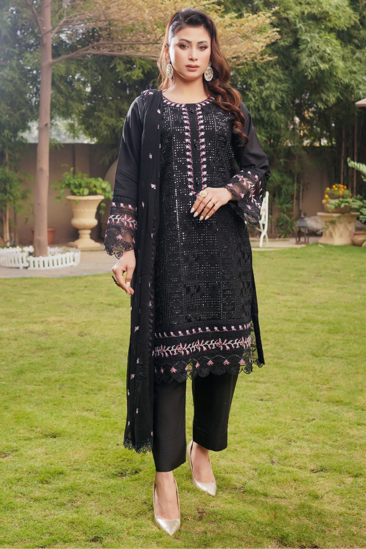 Shaanse Cyra Vol-2 Cotton Silk 3PCS Ready to Wear Collection Jan-26 | Black - Mirha Fashion