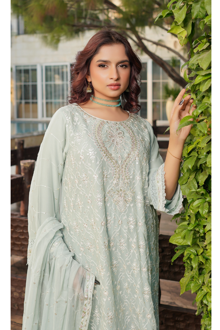 Aghanoor Dhaagakari Chiffon 3PCS Ready to Wear Collection | Aqua Green