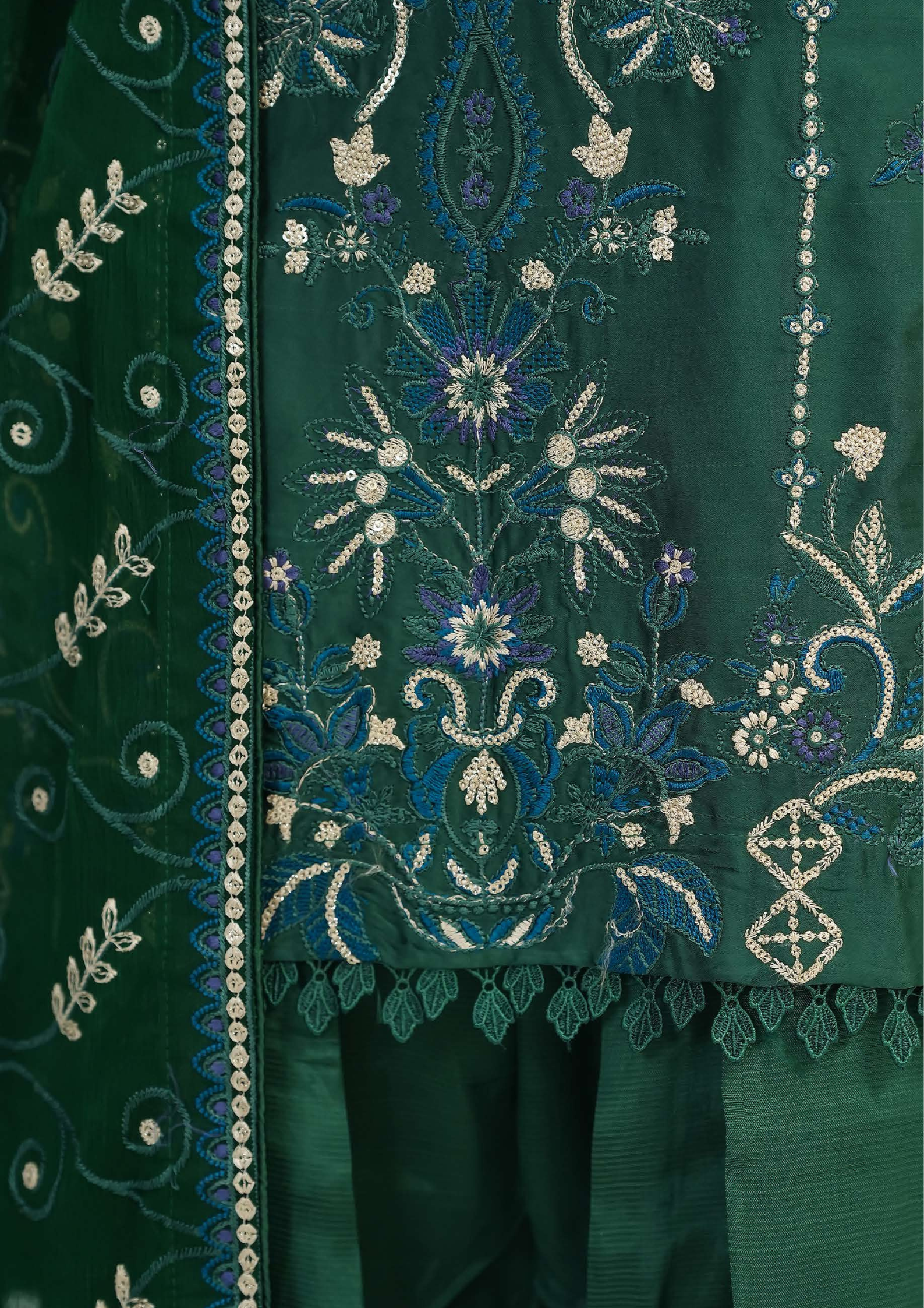 Shaanse Silk Embroidered 3PCS Ready-to-Wear Farshi Shalwar | Green - Mirha Fashion