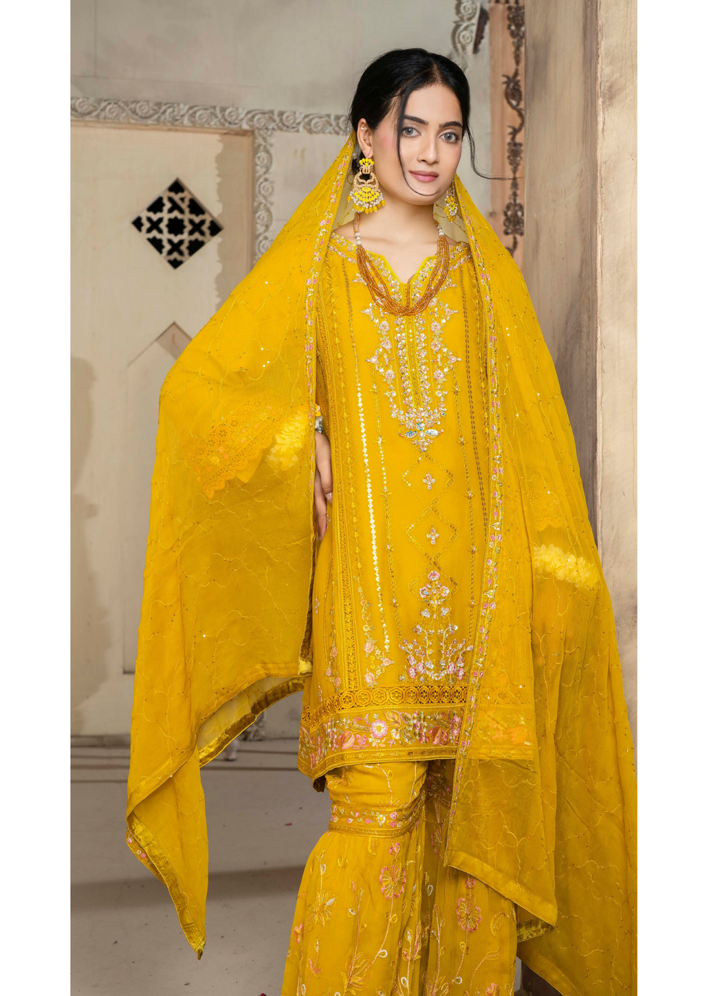 Agha Noor Chiffon Gharara Roshni Ready to Wear Collection 2025 D04 | Yellow - Mirha Fashion