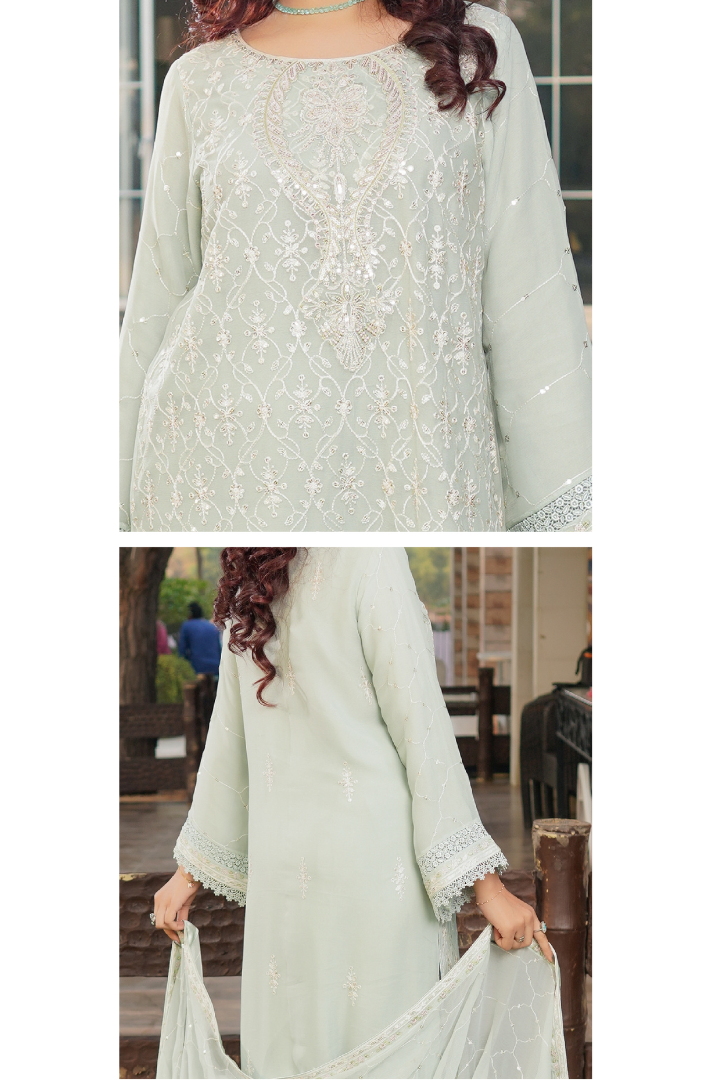 Aghanoor Dhaagakari Chiffon 3PCS Ready to Wear Collection | Aqua Green