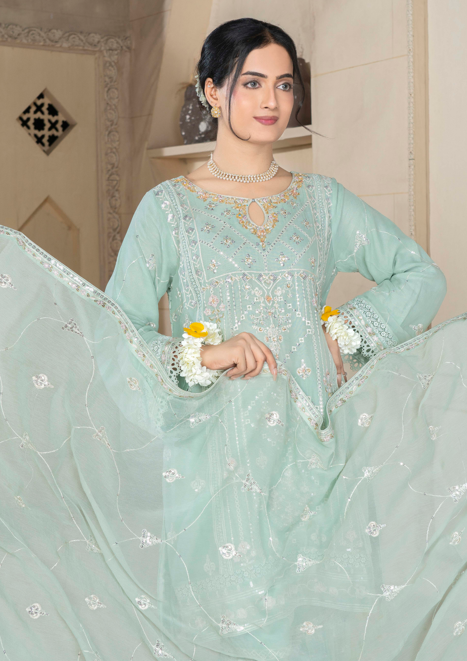 Agha Noor Chiffon Gharara Roshni Ready to Wear Collection 2025 D07 | Light Green