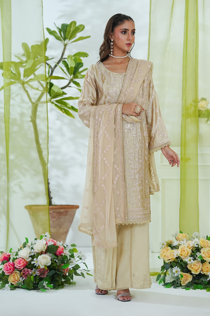 Shaanse Mehroo Cotton Silk 3PCS Ready to Wear Collection Jan-26 | Fawn