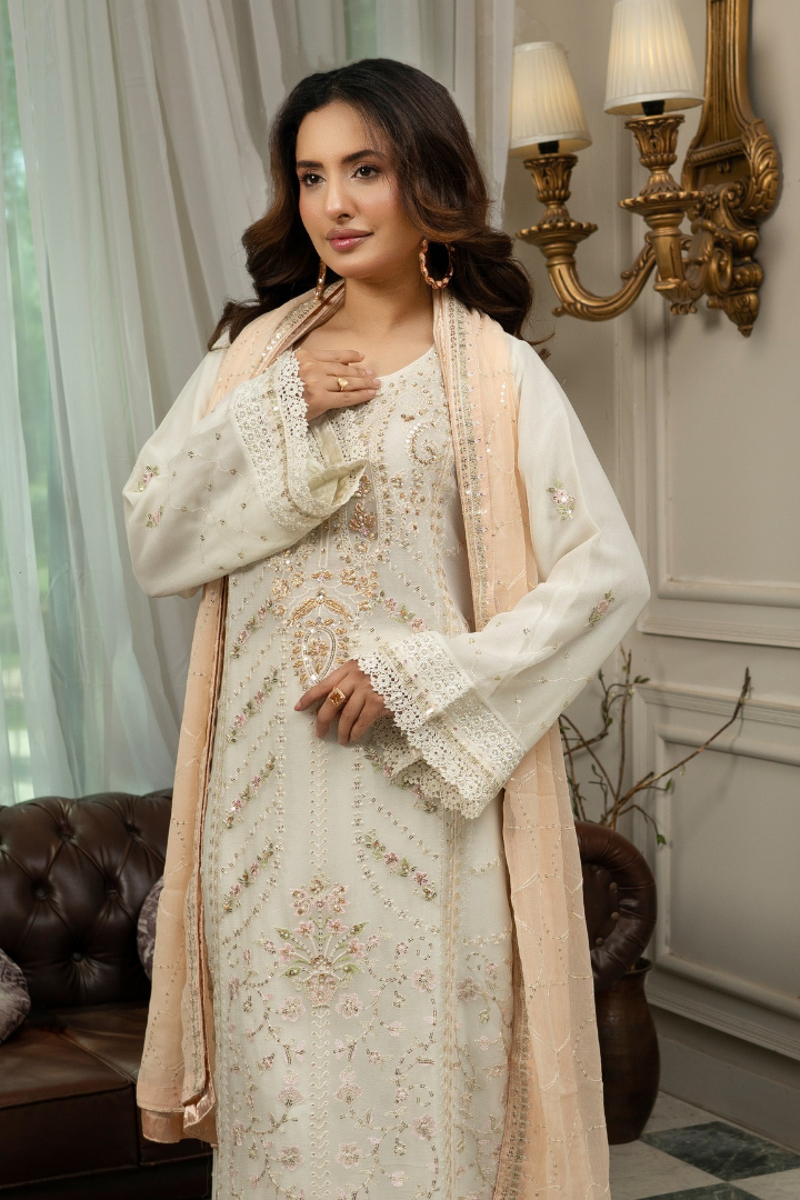 Agha Noor Qurbat Chiffon Handwork Ready to Wear Collection 2026 | Off White - Mirha Fashion