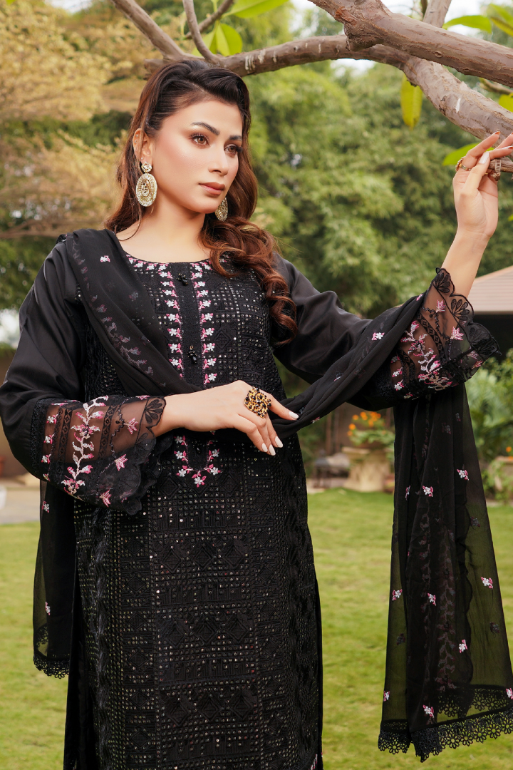 Shaanse Cyra Vol-2 Cotton Silk 3PCS Ready to Wear Collection Jan-26 | Black - Mirha Fashion