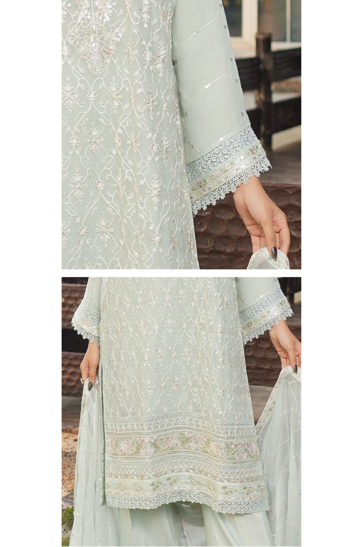 Aghanoor Dhaagakari Chiffon 3PCS Ready to Wear Collection | Aqua Green