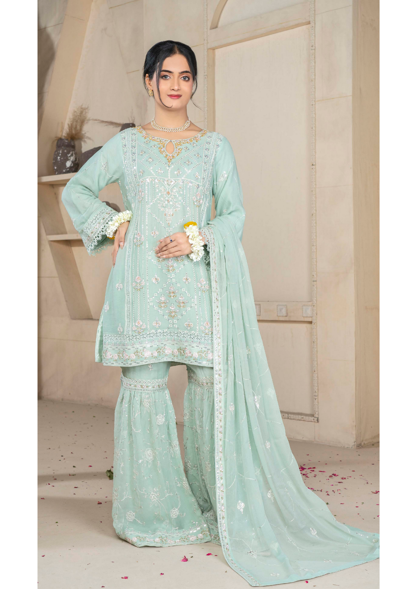 Agha Noor Chiffon Gharara Roshni Ready to Wear Collection 2025 D07 | Light Green