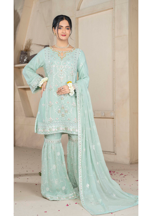 Agha Noor Chiffon Gharara Roshni Ready to Wear Collection 2025 D07 | Light Green - Mirha Fashion