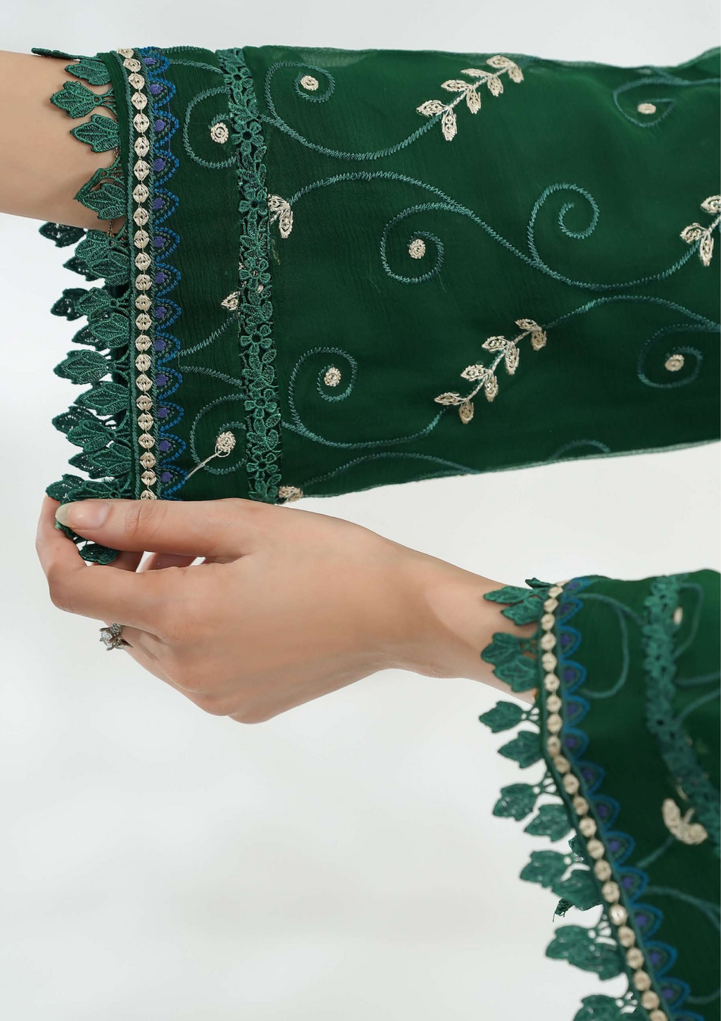 Shaanse Silk Embroidered 3PCS Ready-to-Wear Farshi Shalwar | Green - Mirha Fashion