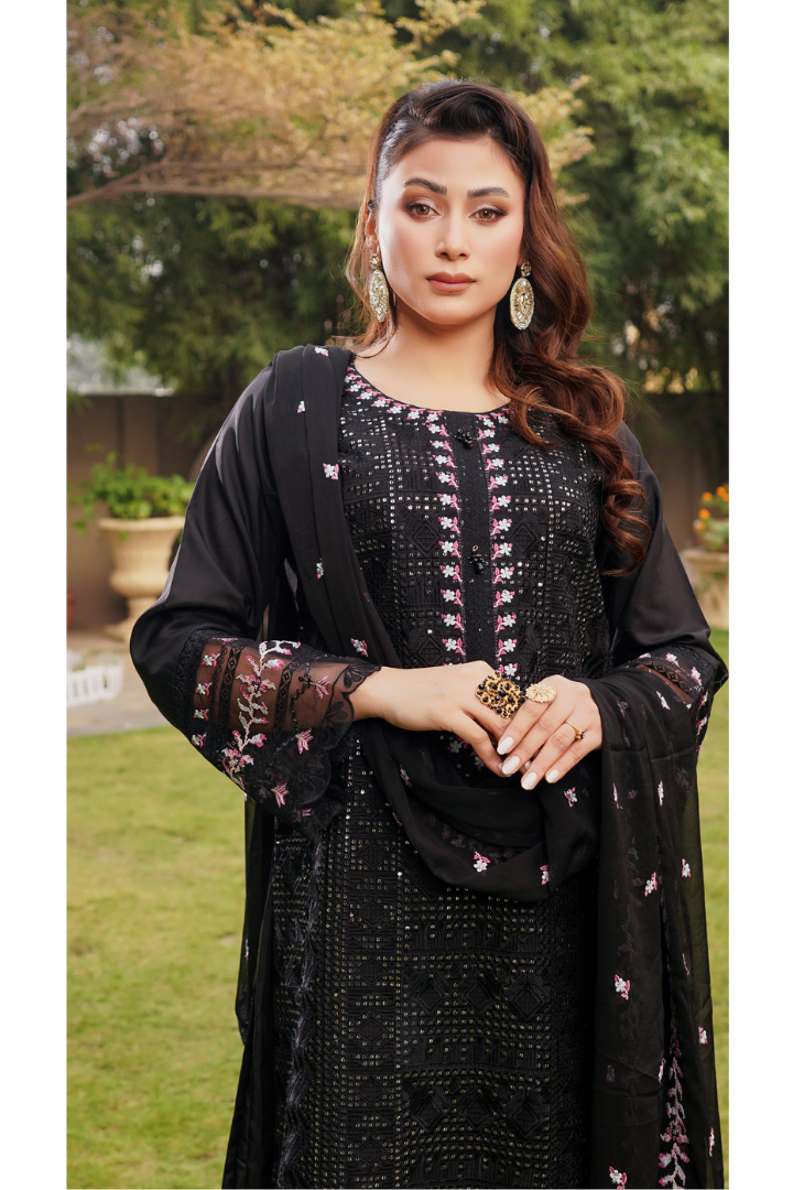 Shaanse Cyra Vol-2 Cotton Silk 3PCS Ready to Wear Collection Jan-26 | Black - Mirha Fashion