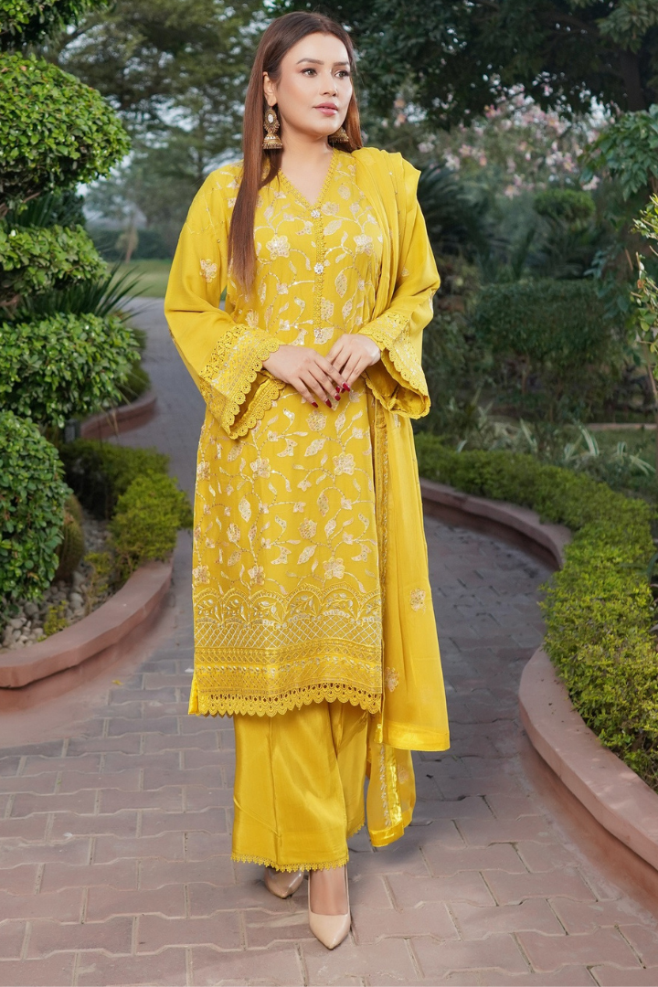 Aghanoor Dhaagakari Chiffon 3PCS Ready to Wear Collection | Yellow