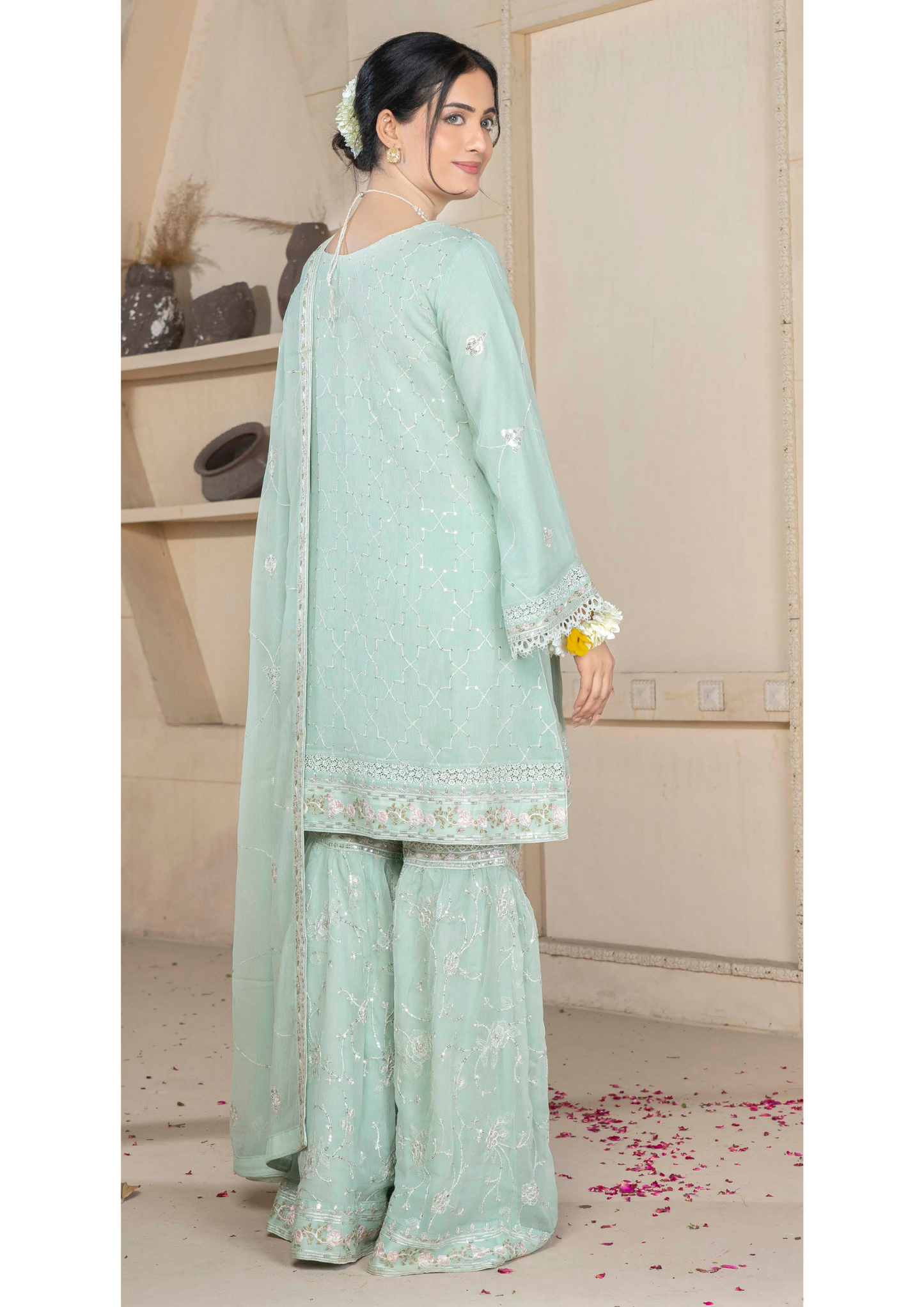 Agha Noor Chiffon Gharara Roshni Ready to Wear Collection 2025 D07 | Light Green