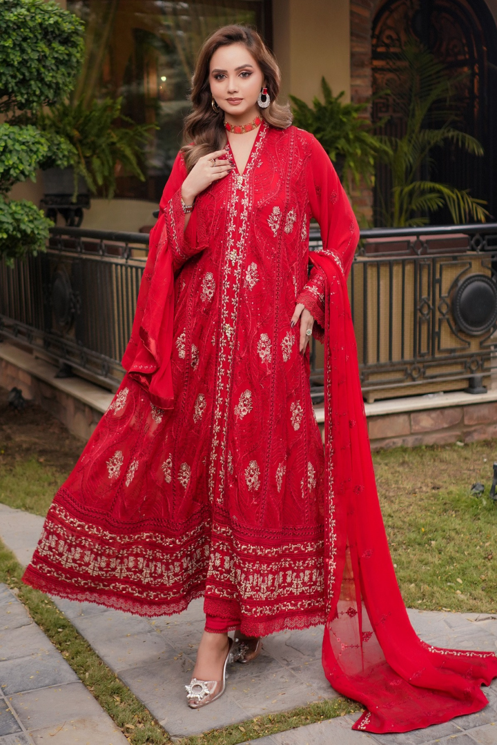 Aghanoor Afsanaay Chiffon Gown 3PCS Ready to Wear Collection | Red