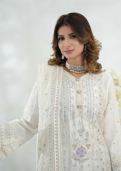 Shanse Silk Embroidered 3PCS Ready-to-Wear Farshi Shalwar | White
