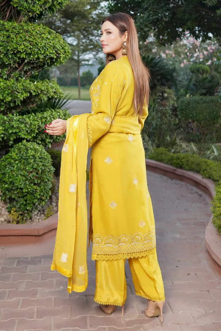 Aghanoor Dhaagakari Chiffon 3PCS Ready to Wear Collection | Yellow - Mirha Fashion