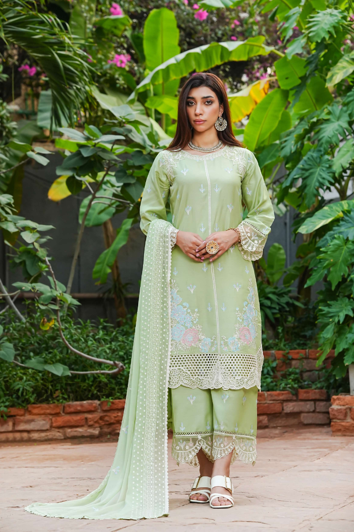 Shaanse Cyra Cotton Silk 3PCS Ready to Wear Collection Dec-2025 | Light Green