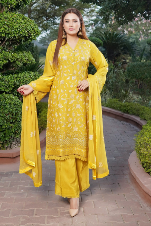 Aghanoor Dhaagakari Chiffon 3PCS Ready to Wear Collection | Yellow - Mirha Fashion