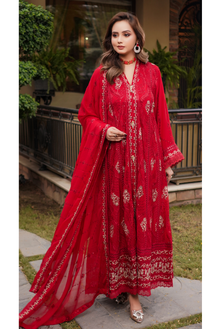 Aghanoor Afsanaay Chiffon Gown 3PCS Ready to Wear Collection | Red