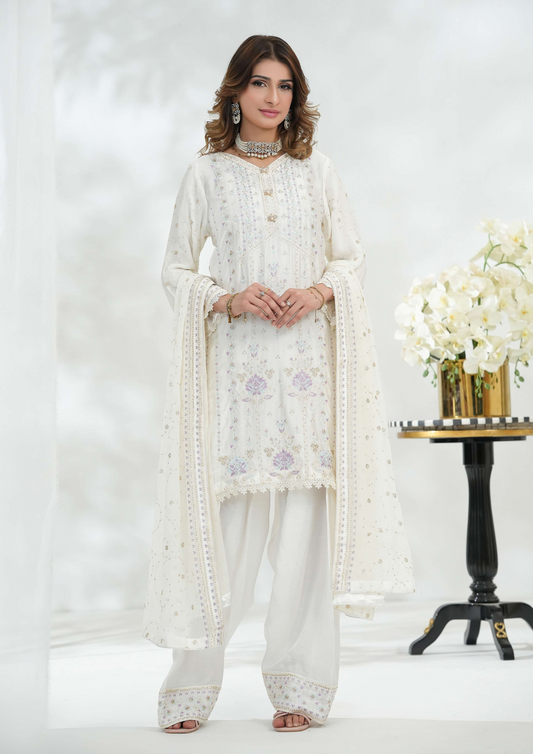 Shanse Silk Embroidered 3PCS Ready-to-Wear Farshi Shalwar | White