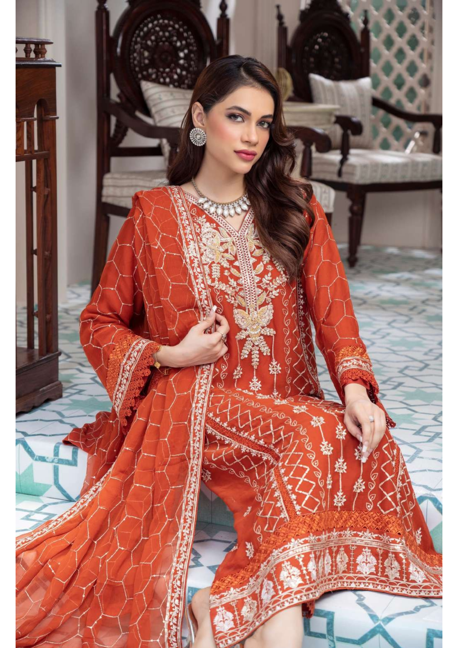 Agha Noor Shehnai Chiffon Ready to Wear Handwork Collection 25 | Orange